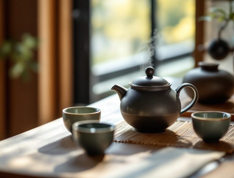 Japanese kyusu teapot brewing kabusecha tea with ceramic yunomi cups