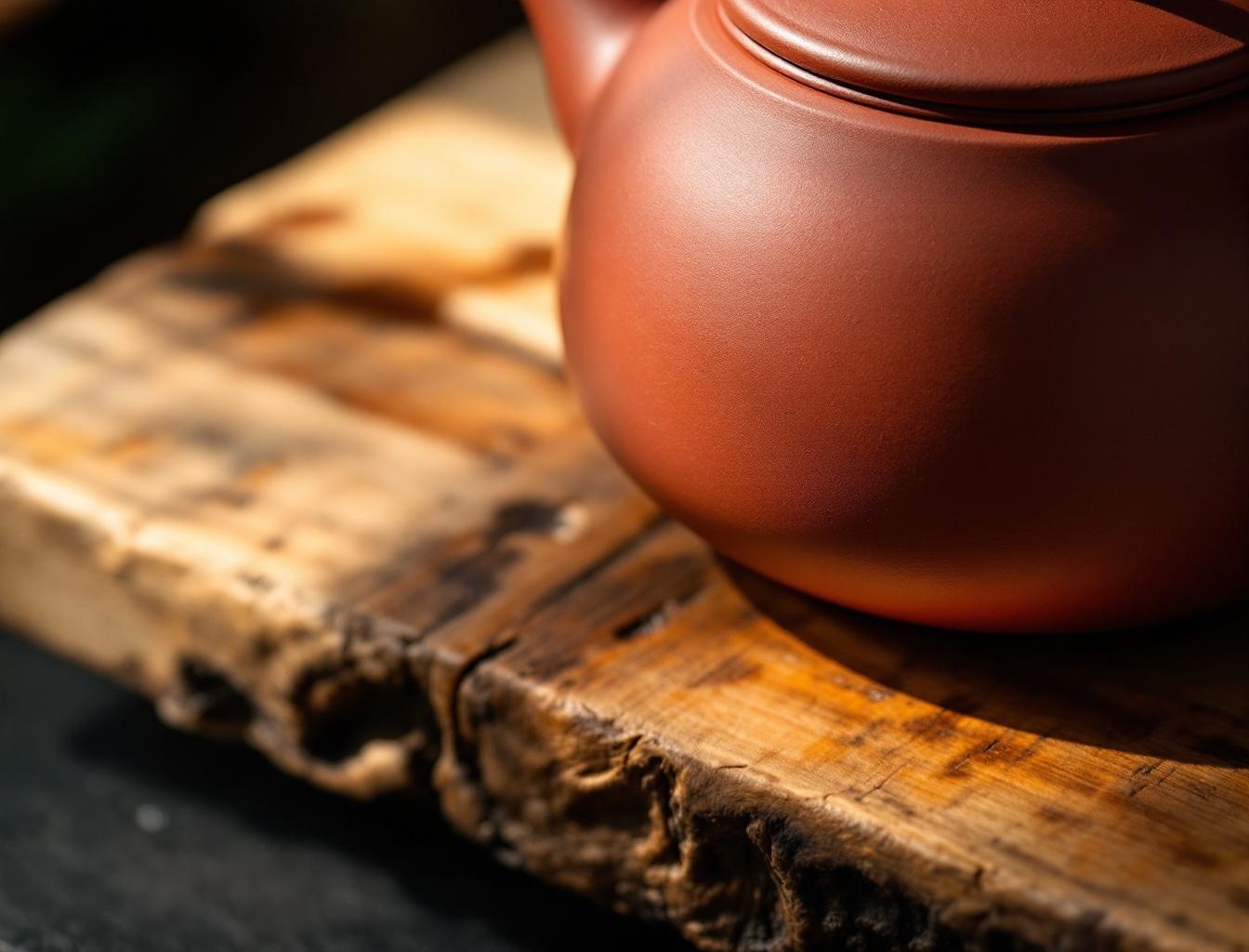 Close-up of Tokoname shudei red clay texture showing iron-rich mineral grain