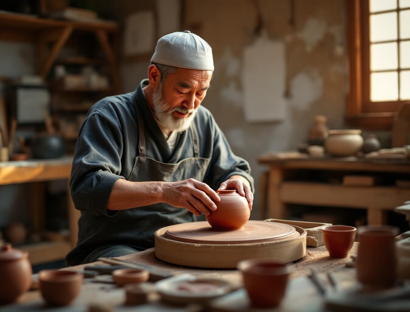 Traditional Japanese noborigama climbing kiln building in a pottery town with stone path and misty hillside