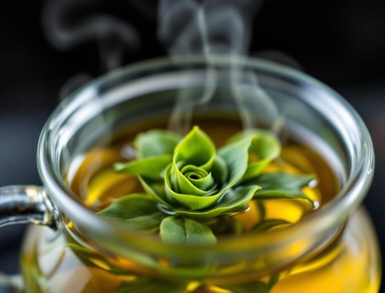Tamaryokucha leaves unfurling in hot water in a glass kyusu, golden-green tea liquor with steam