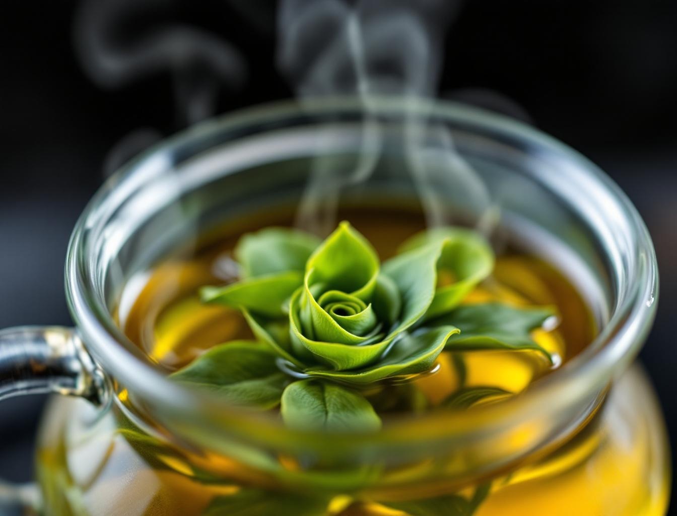 Tamaryokucha coiled leaves unfurling in hot water inside a glass kyusu teapot, golden-green liquor with steam rising