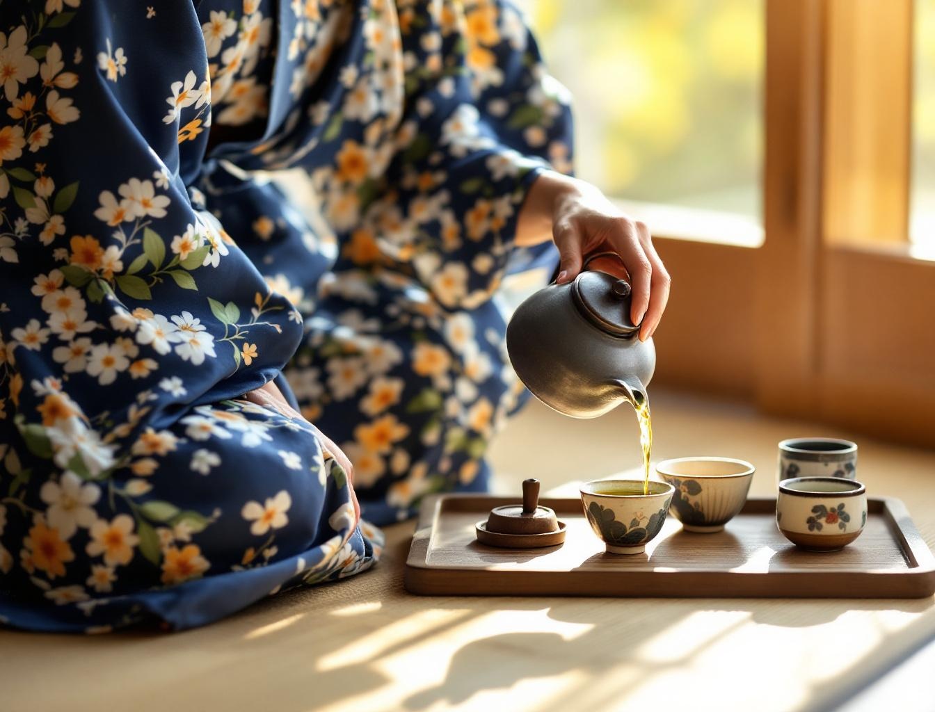 Woman in blue floral kimono pouring tamaryokucha green tea from a kyusu teapot into ceramic cups on tatami floor