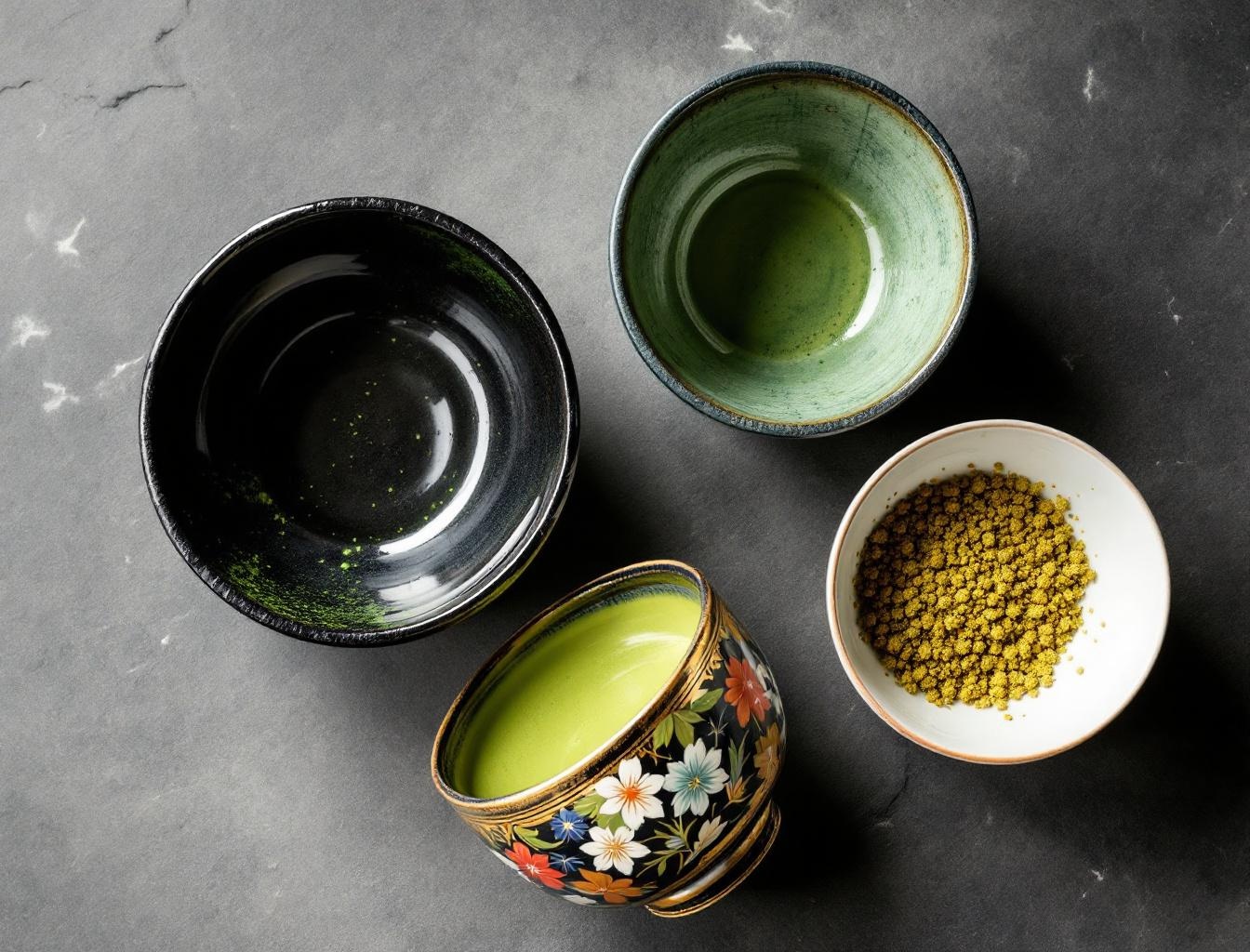 Four different Japanese chawan matcha bowls showing regional kiln styles: Raku, Mino, Kutani, and Kyo ware