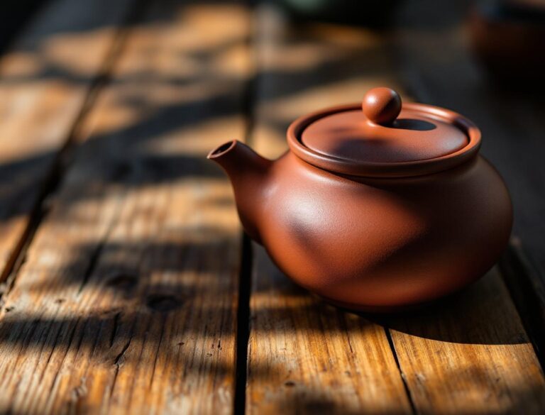 Traditional Tokoname shudei red clay kyusu teapot on aged wood surface