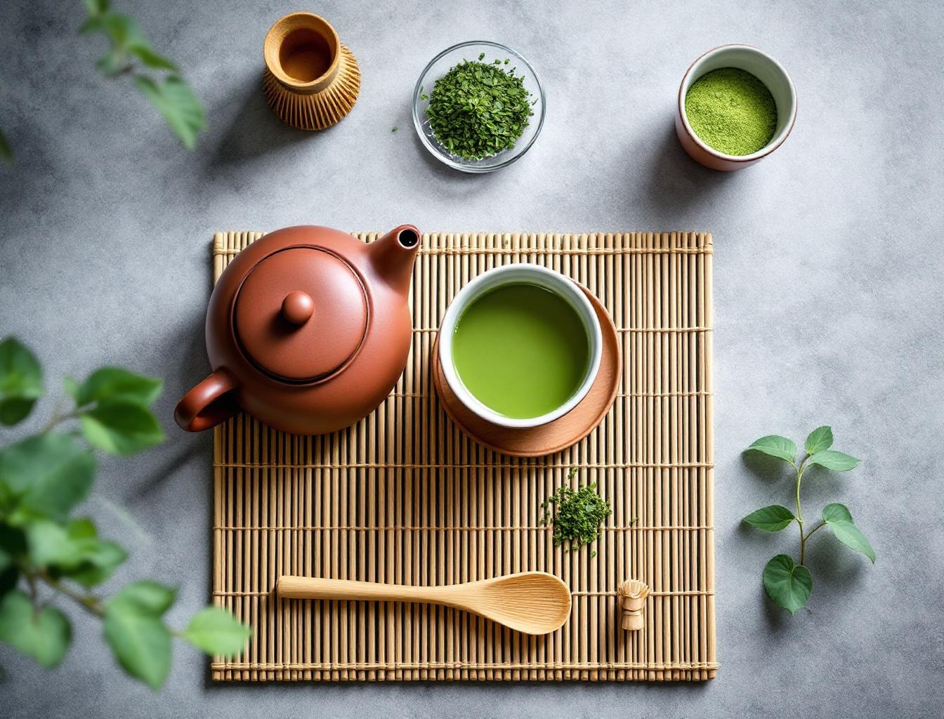 Japanese loose leaf tea varieties arranged on a wooden tray