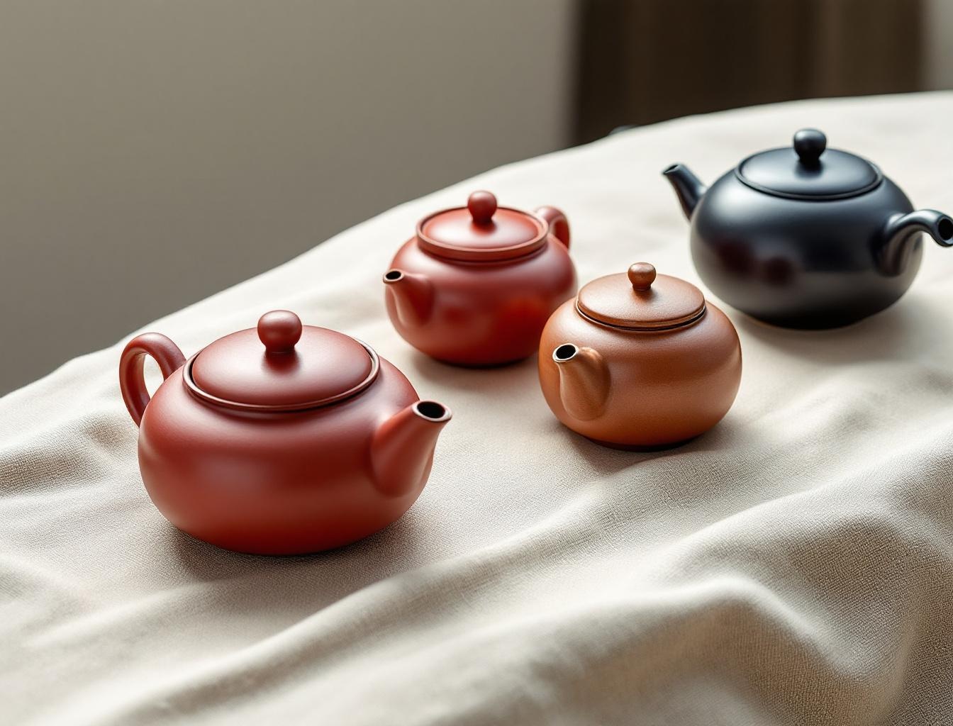 Collection of traditional Tokoname kyusu teapots in red shudei and black kokudei clay on linen fabric