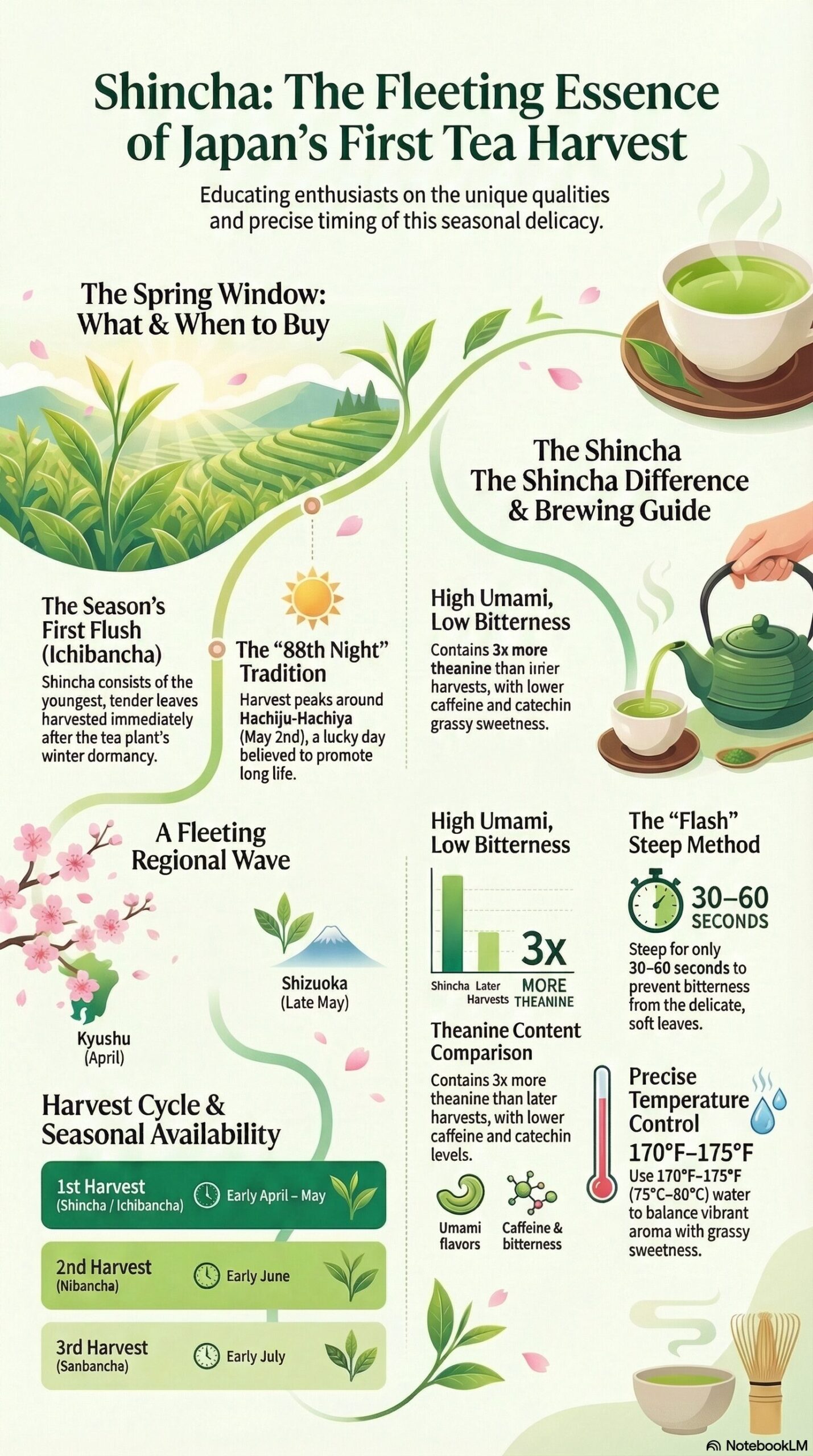 Shincha new harvest tea guide infographic — first flush season, brewing, and flavor explained