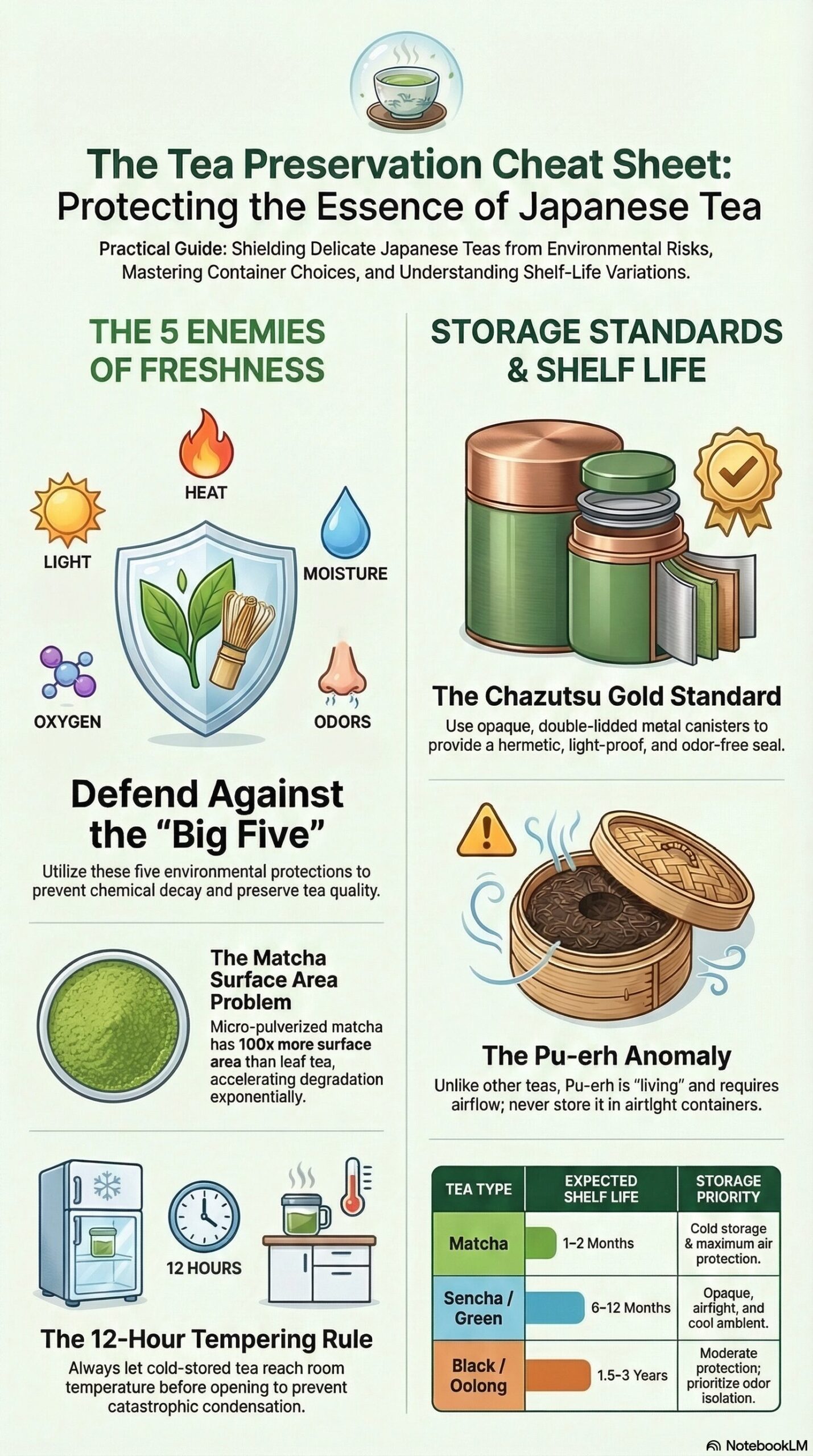 Tea storage science infographic — five enemies of green tea freshness and how to prevent degradation