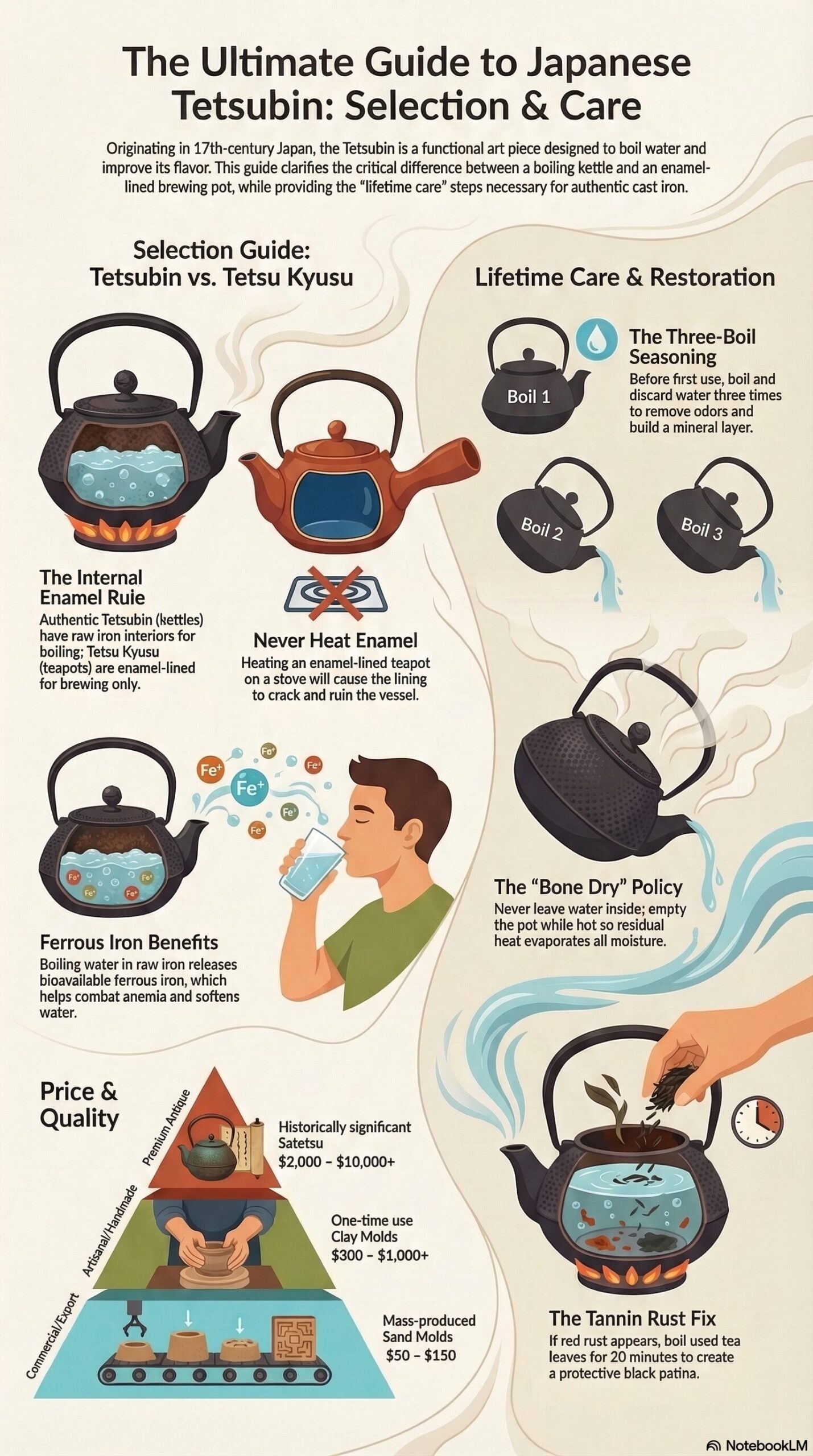 Tetsubin cast iron kettle — history, care, and brewing science infographic